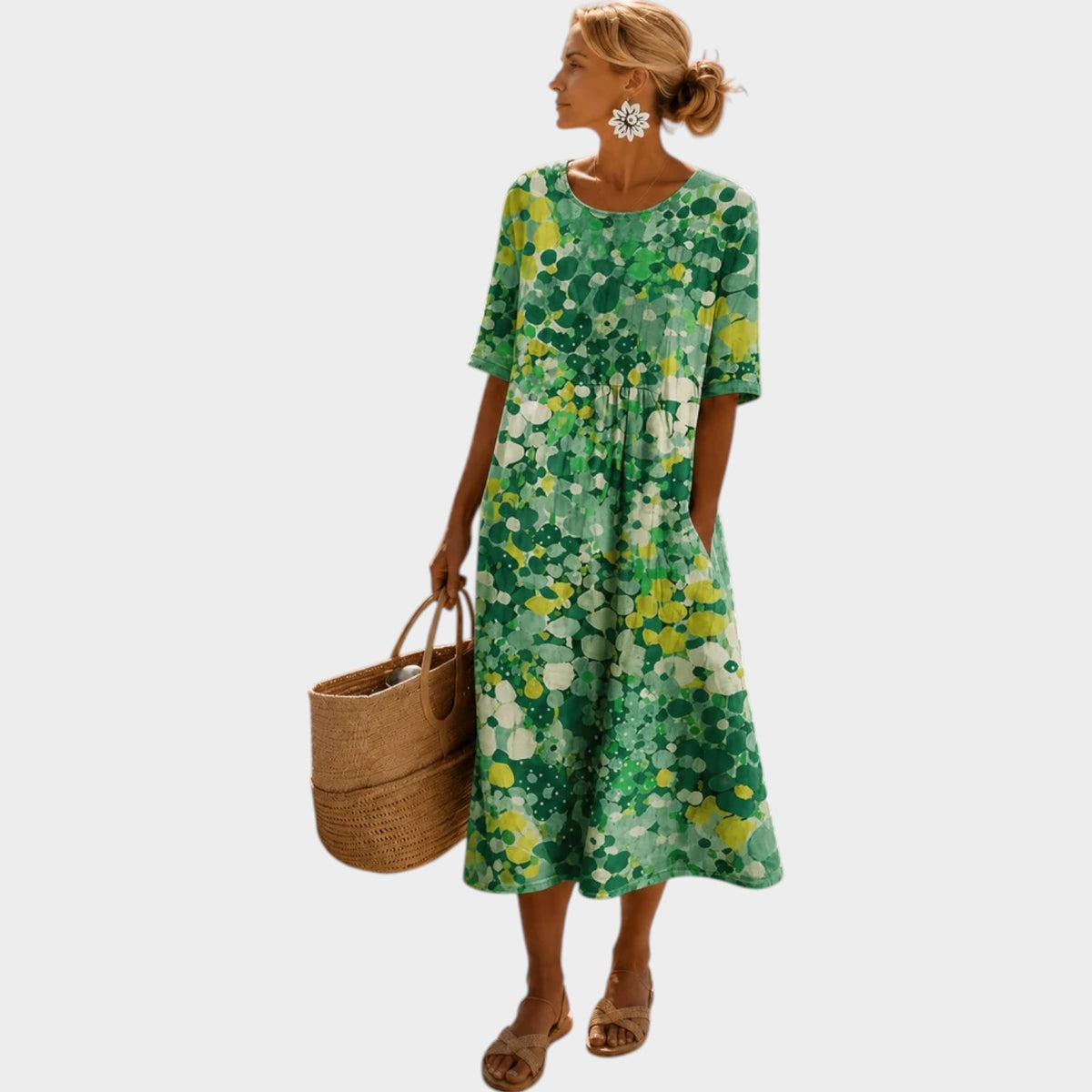 Women’s Midi Dress Floral Print Short Sleeve Flowing