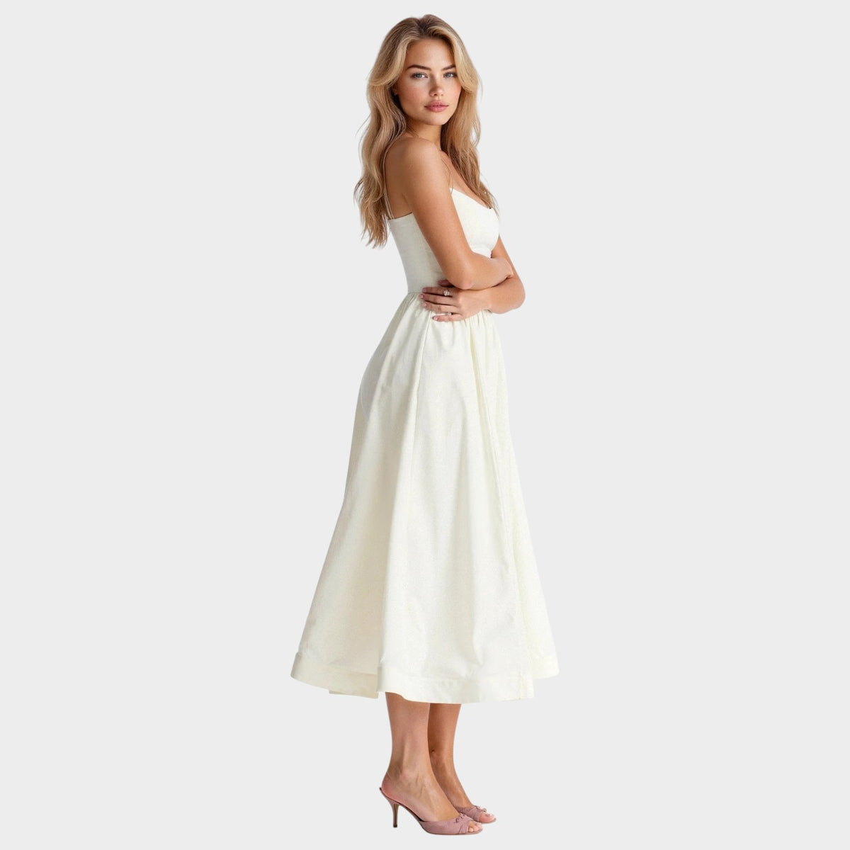 Women’s Sleeveless Midi Dress Square Neckline Flared Skirt