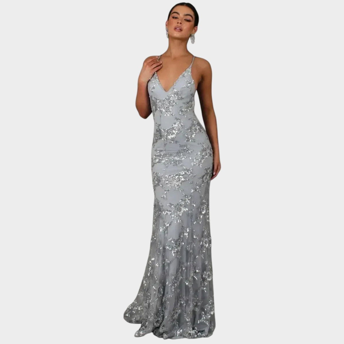 Women’s Sequin Evening Maxi Dress with V-Neck and Cross-Back Straps