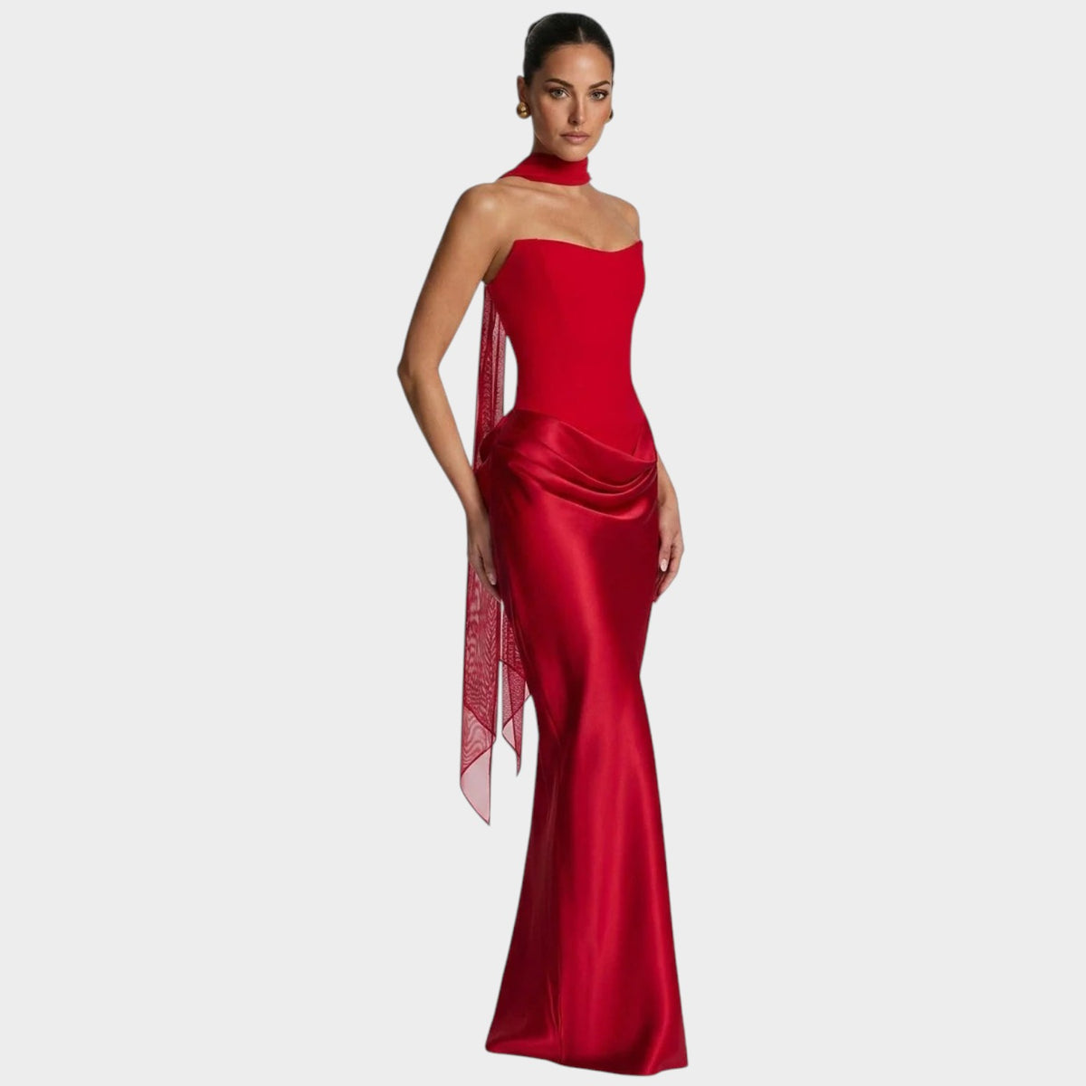 Women’s Strapless Satin Maxi Dress with Structured Bodice and Draped Skirt