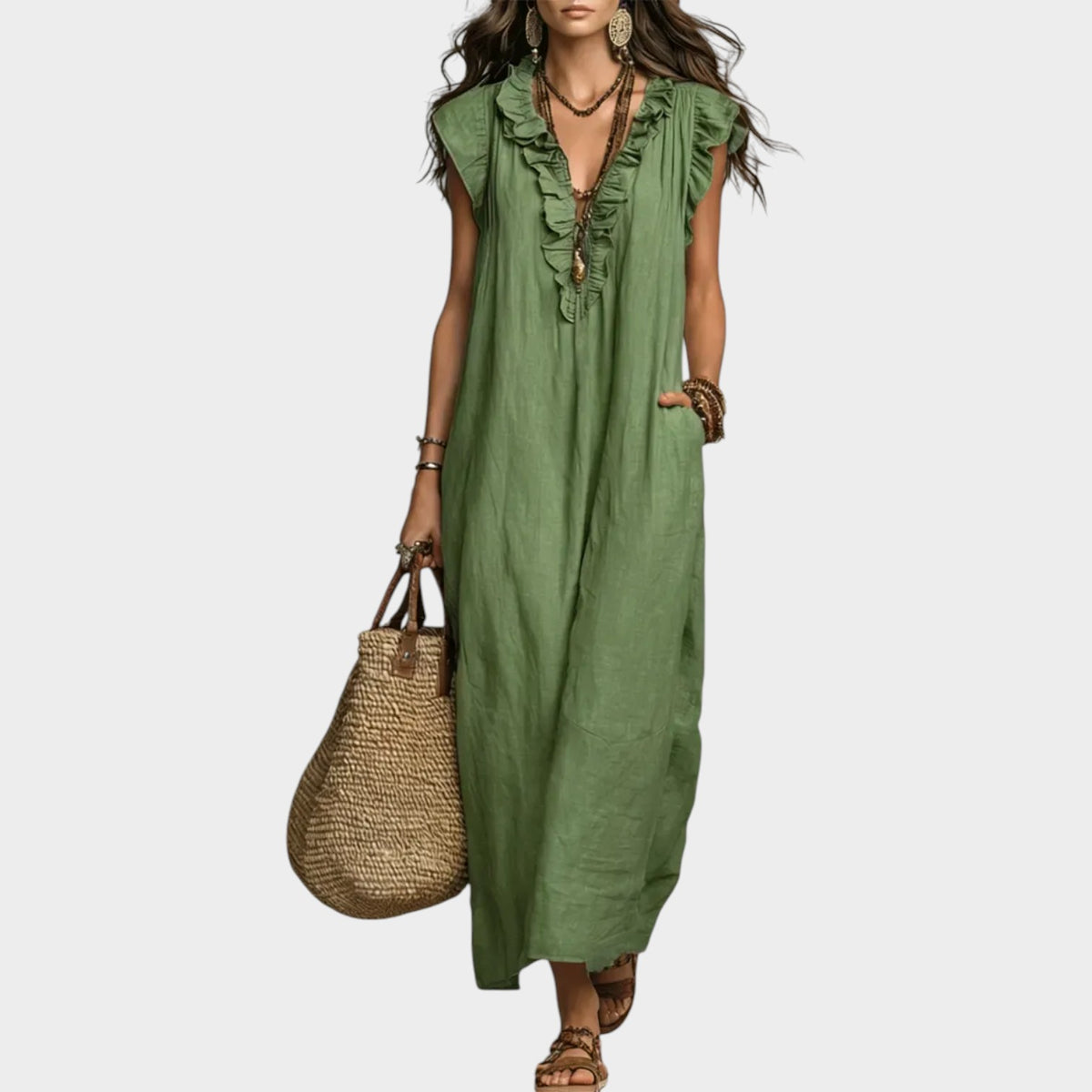 Women’s Linen Maxi Dress with Ruffle V-Neck and Sleeveless Design