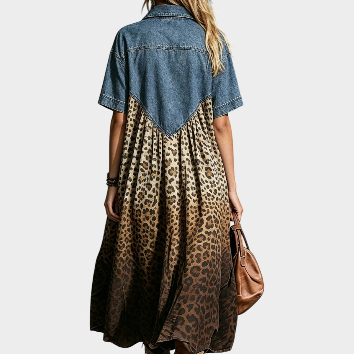 Women’s Leopard Print Midi Dress with Denim-Style Bodice