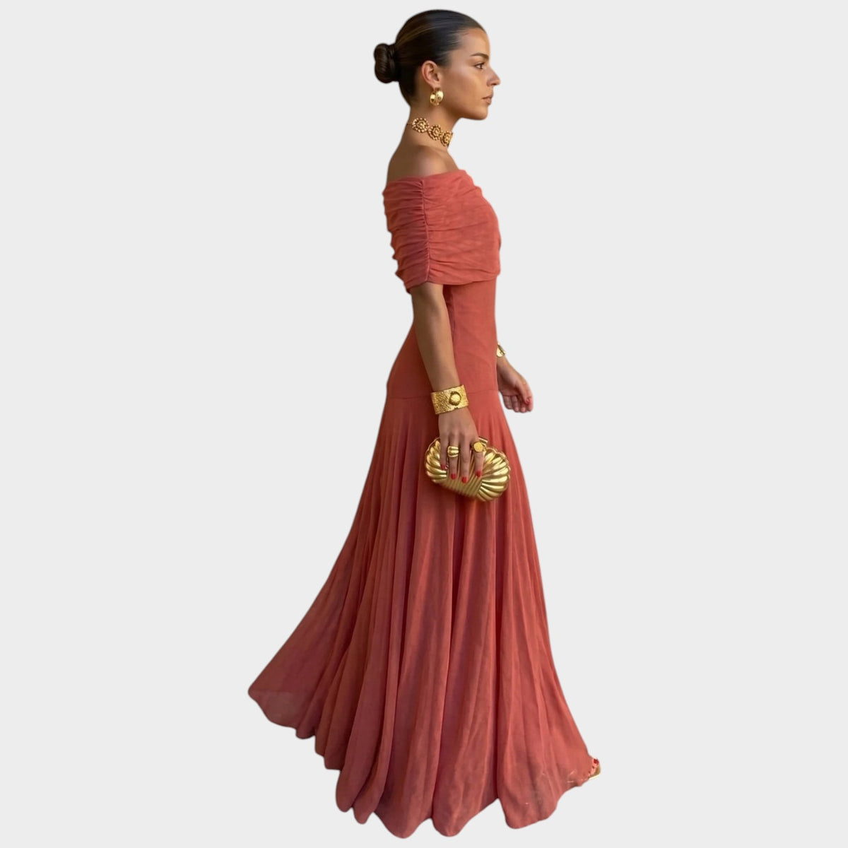 Women’s Off-Shoulder Maxi Dress with Draped Neckline and Flowing Skirt