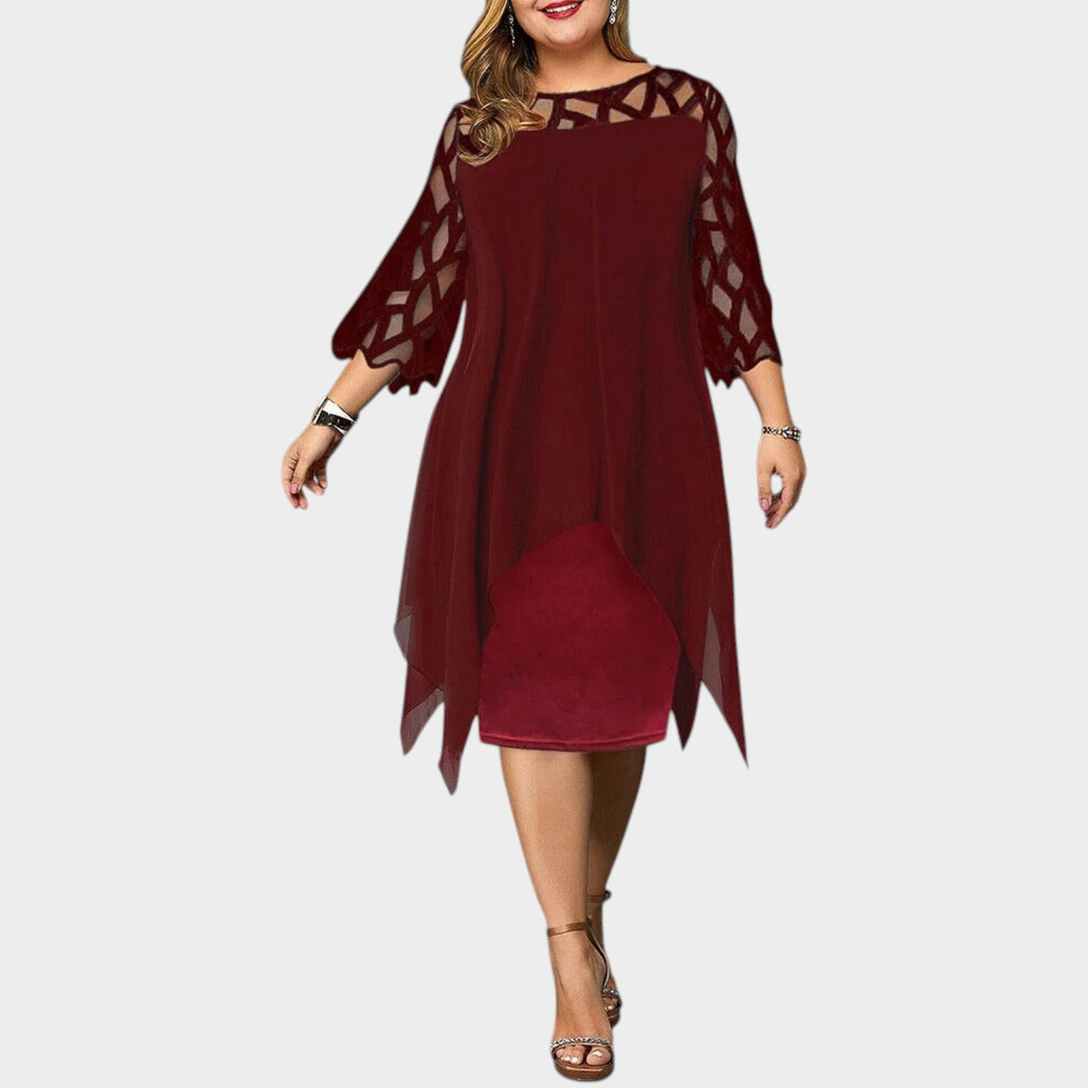 Women’s Plus Size Midi Dress with Cut-Out Sleeves and Asymmetrical Hem