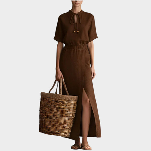Women’s Linen-Blend Maxi Dress with Tie-Neck Keyhole, Short Sleeves and Side Slit