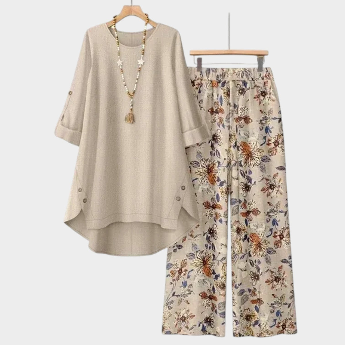 Women’s Two-Piece Set with Button-Tab Top and Floral Wide-Leg Trousers