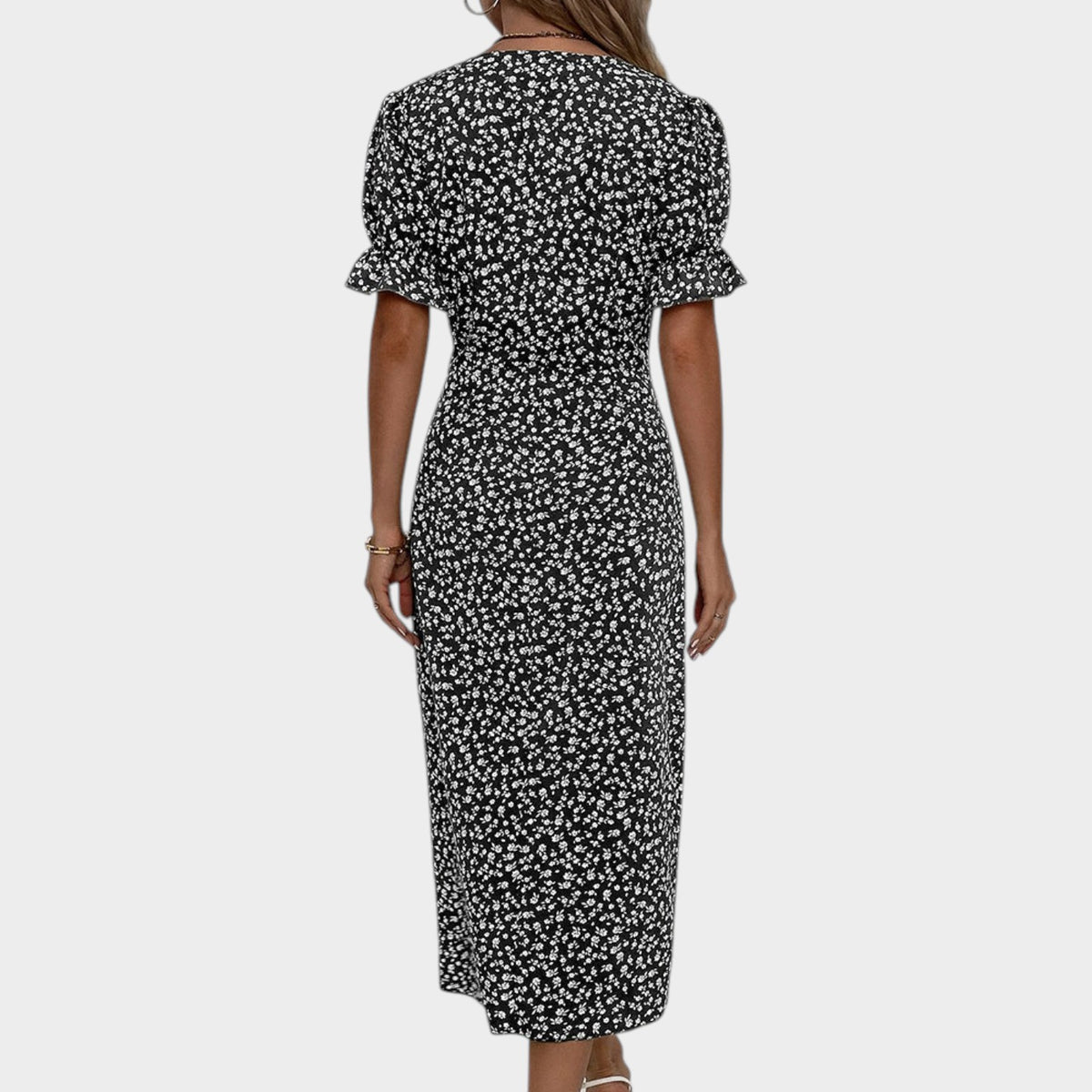 Women’s Floral Midi Dress V-Neck Short Ruffle Sleeves Wrap Front