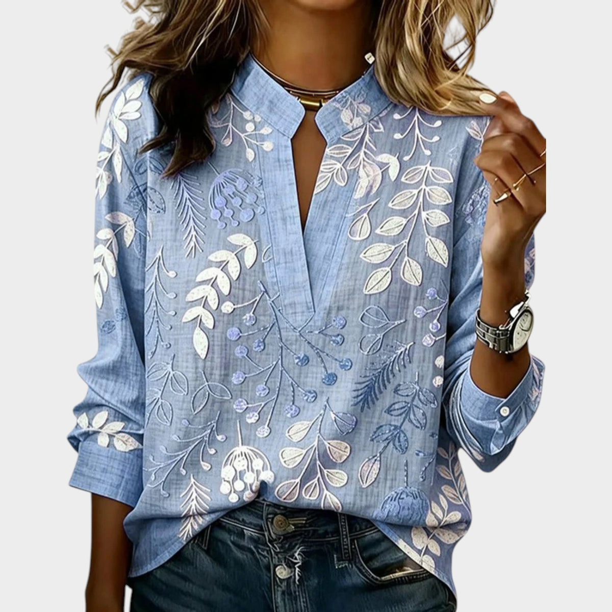 Women’s Floral Blouse with V-Neck and Long Sleeves