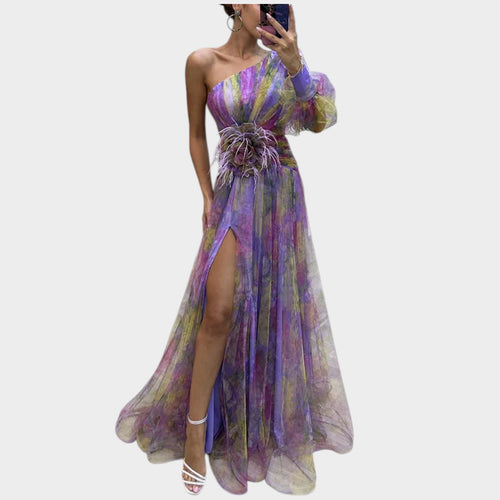 Women’s One-Shoulder Maxi Dress with Sheer Overlay, Floral Print and High Side Slit