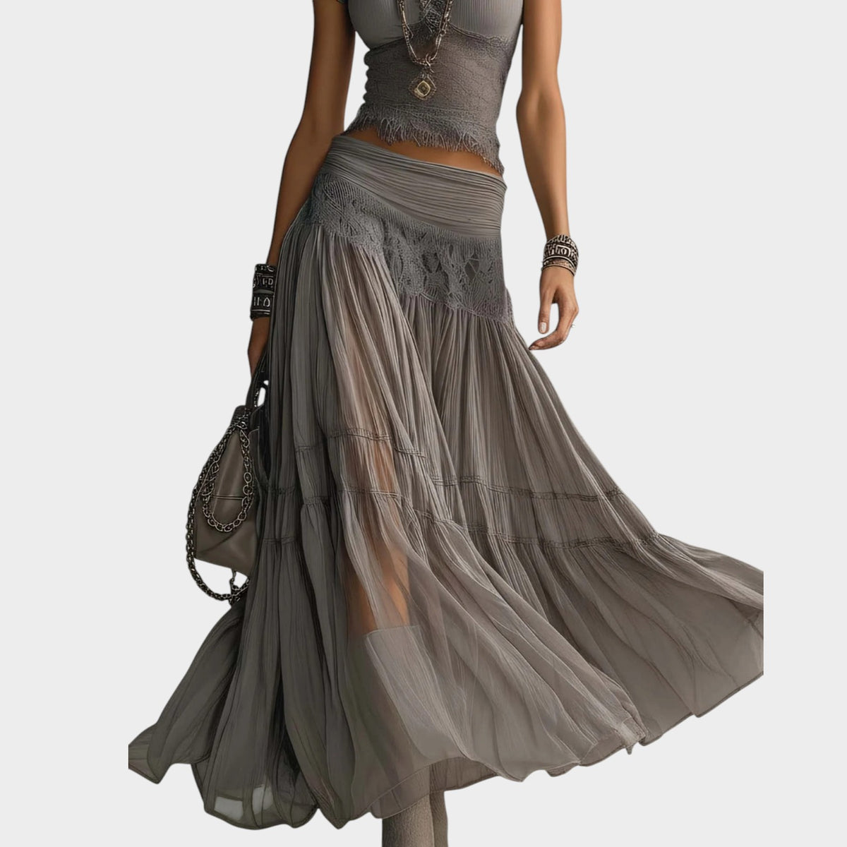 Women’s Lace Panel Top and Pleated Maxi Skirt Two-Piece Set