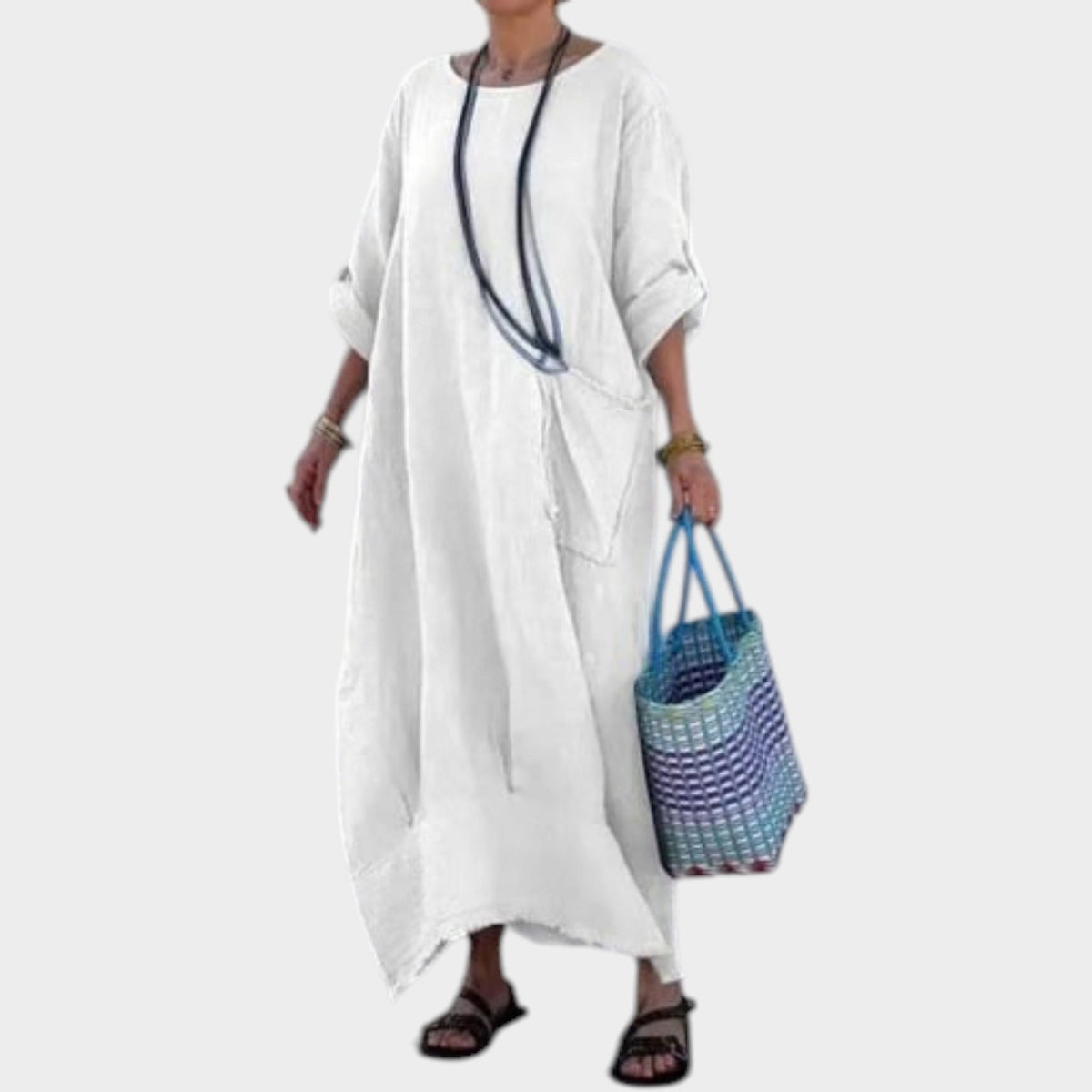 Women’s Oversized Maxi Dress with Rolled Sleeves and Side Patch Pocket