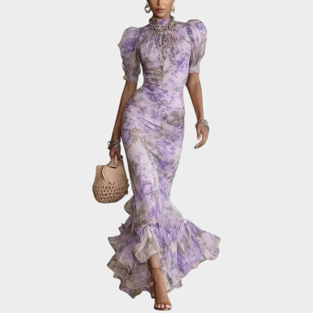 Women’s Floral Print Maxi Dress with Puff Sleeves, High Neck and Ruffle Hem