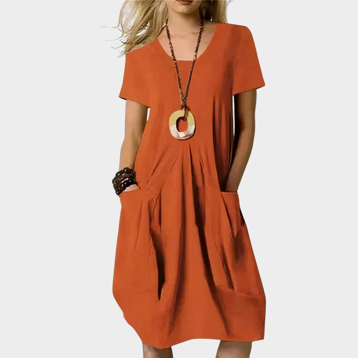 Women’s Midi Dress Short Sleeves A-Line Design Side Pockets