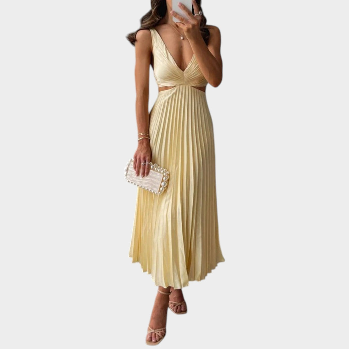 Women’s Pleated Maxi Dress Sleeveless V-Neck Ruched Waist