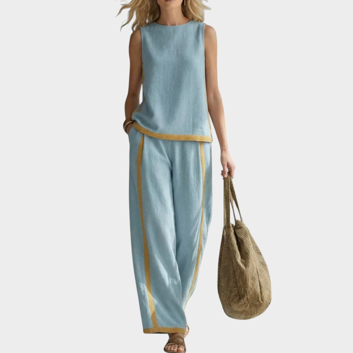 Women’s Two-Piece Set Sleeveless Top Wide-Leg Trousers Contrast Trim
