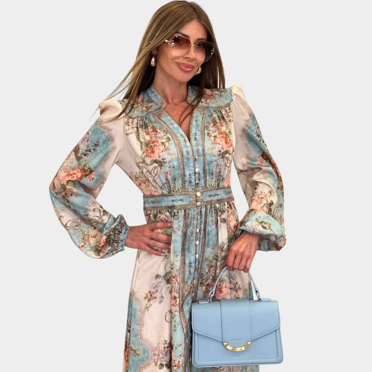 Women’s Floral Maxi Dress with Long Lantern Sleeves and Button Front