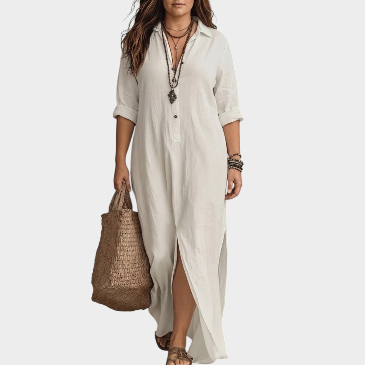 Women’s Button-Down Maxi Shirt Dress with Collared Neckline and Long Sleeves
