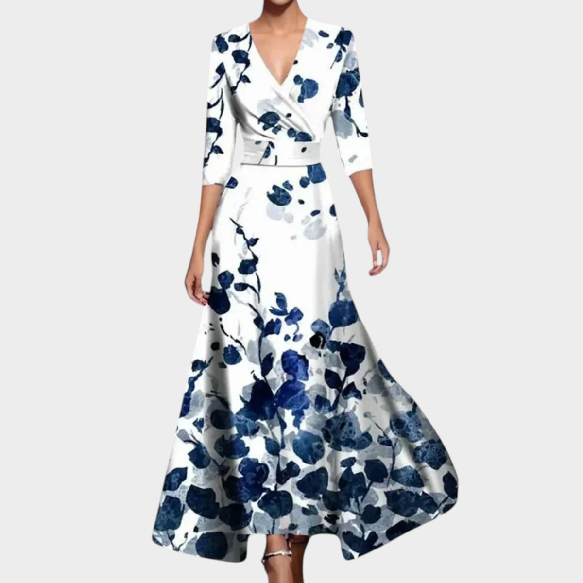 Women’s Floral Wrap Maxi Dress with V-Neck and Three-Quarter Sleeves