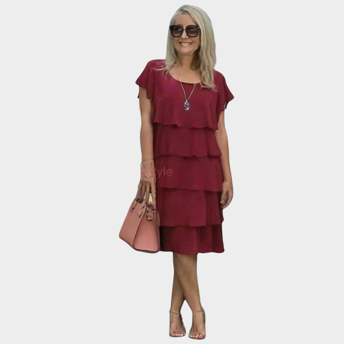 Women’s Layered Chiffon Midi Dress with Short Sleeves