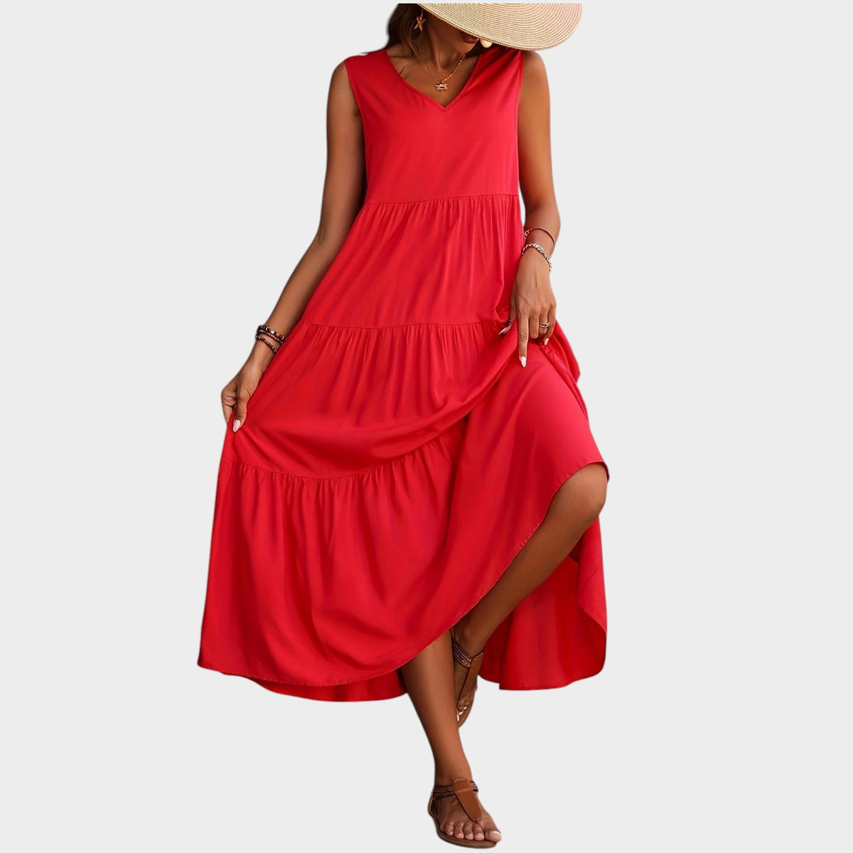 Women’s V-Neck Maxi Dress with Sleeveless Design and Tiered Skirt