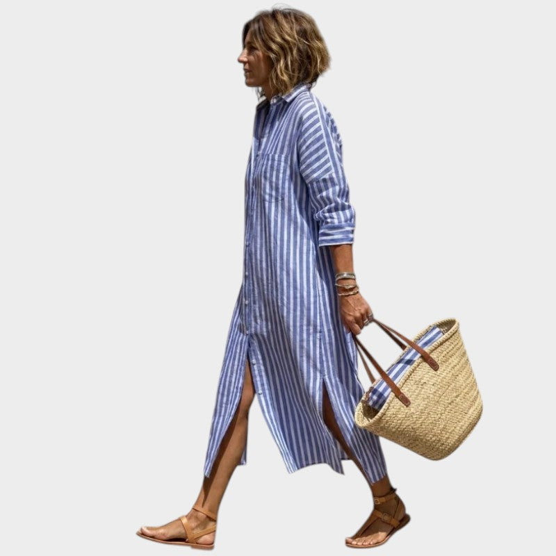 Women’s Striped Midi Shirt Dress Button Front 3/4 Sleeves