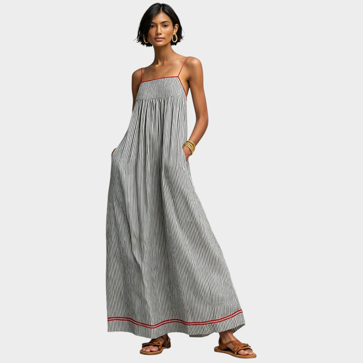 Women’s Striped Maxi Dress Spaghetti Straps Red Accent Detail