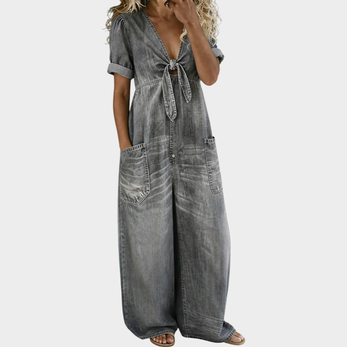 Women’s Denim V-Neck Jumpsuit with Short Sleeves and Wide Legs