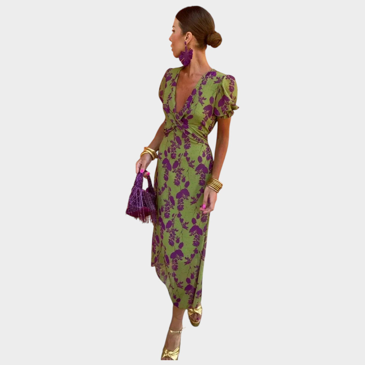 Women’s Floral Print Wrap Midi Dress with Short Puff Sleeves