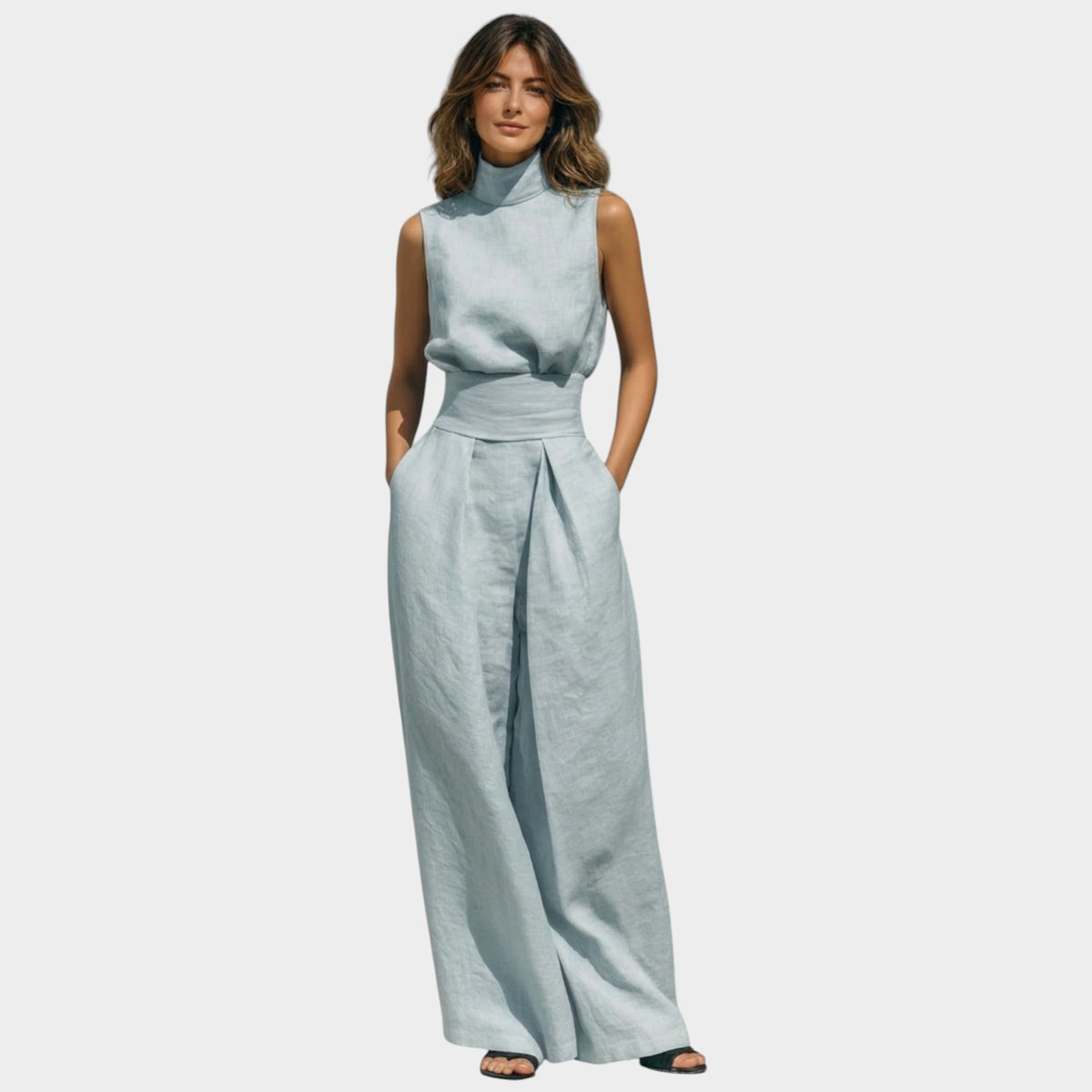 Women’s Two-Piece Linen-Cotton Set with Sleeveless Top and Wide-Leg Trousers