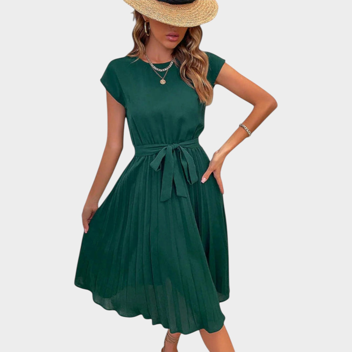 Women’s Pleated Midi Dress with Short Sleeves and Waist Tie