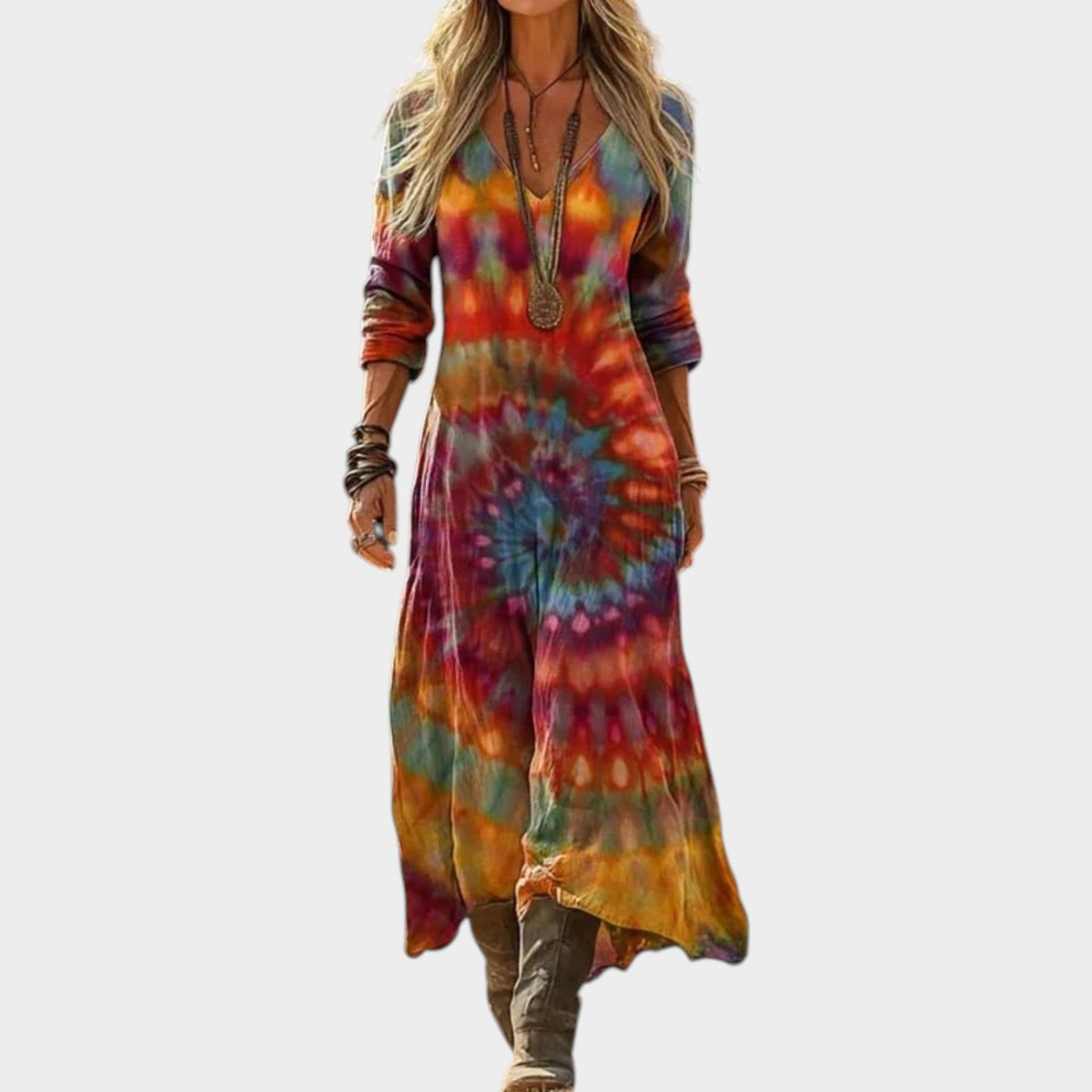 Women’s Vintage Print Midi Dress with Long Sleeves and V-Neck
