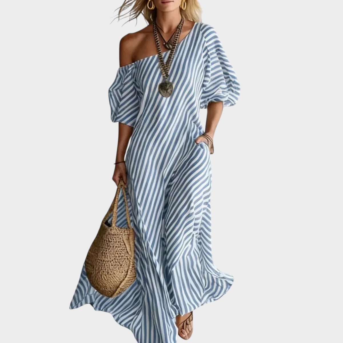 Women’s Striped Maxi Dress with One-Shoulder Neckline and Puff Sleeves