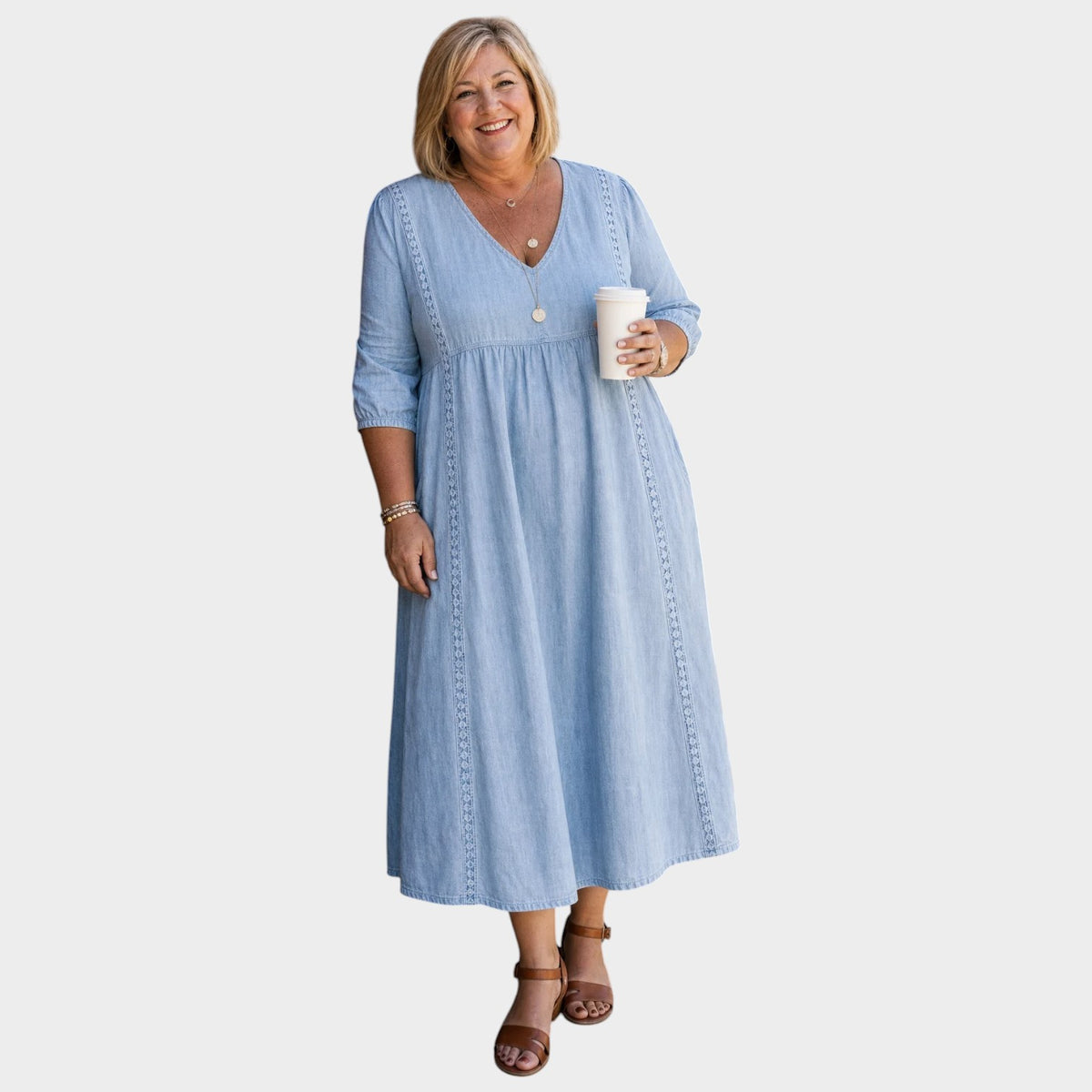 Women’s A-Line Midi Dress with V-Neck, Three-Quarter Sleeves and Lace Trim