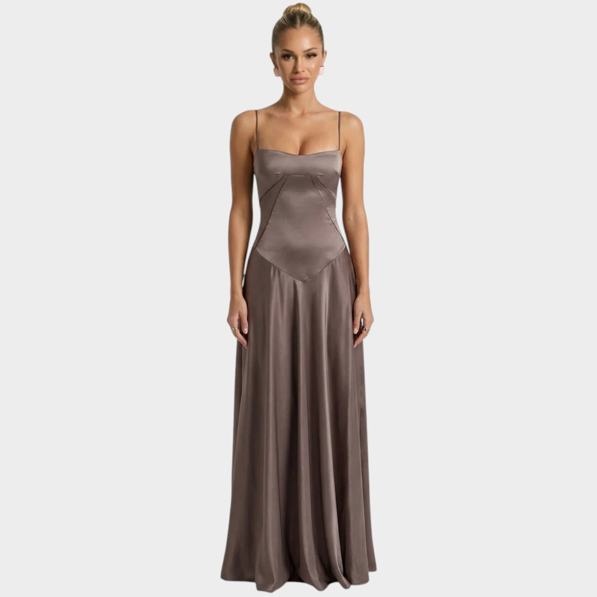 Women’s Satin Maxi Dress with Thin Straps Structured Bodice