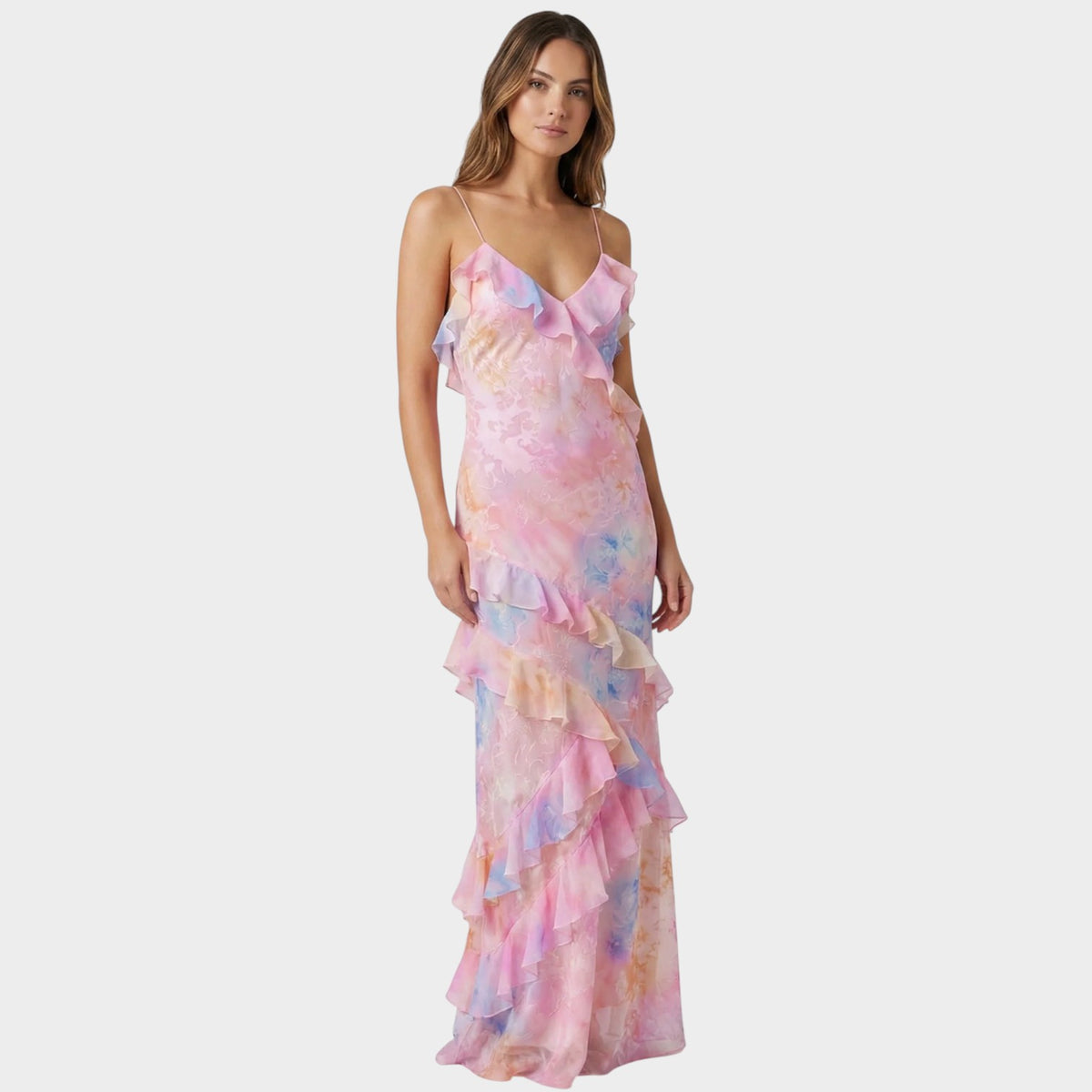 Women’s Floral Maxi Dress Ruffle Layers V-Neck Thin Straps