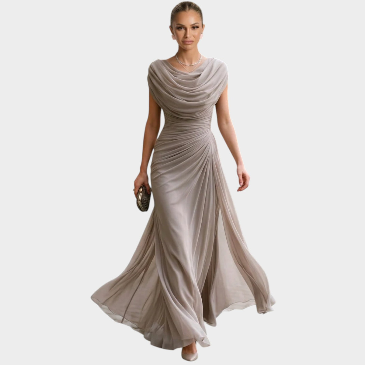 Women’s Maxi Dress with Draped Cowl Neck Ruched Waist