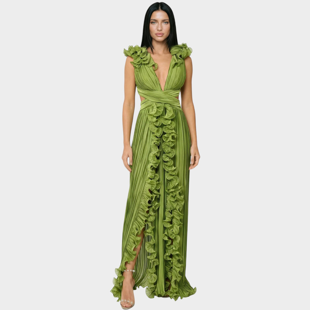 Women’s Pleated Maxi Dress with Deep V-Neck, Waist Cut-Outs and Ruffle Trim