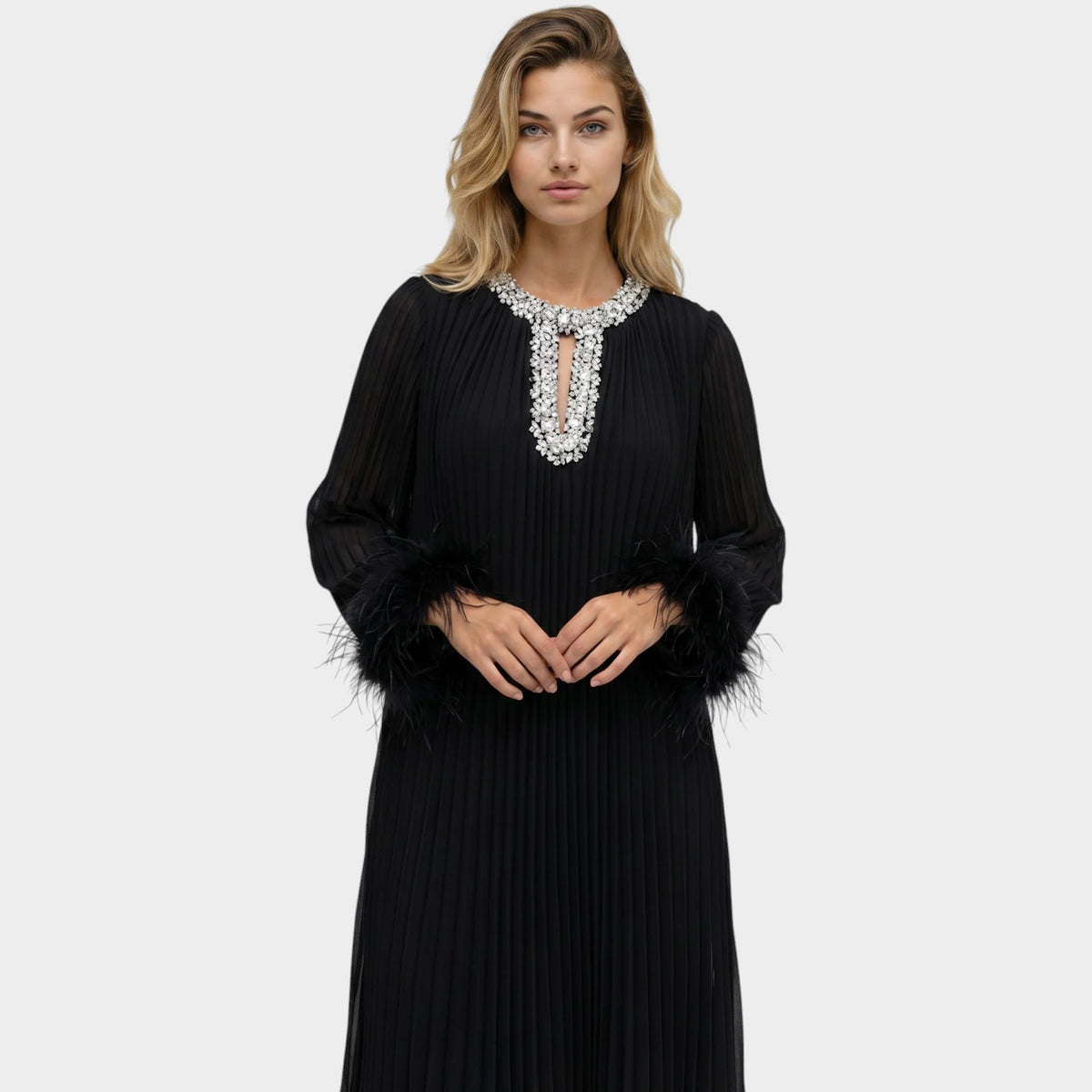 Women’s Pleated Maxi Dress with Embellished Keyhole Neckline and Feather Cuffs