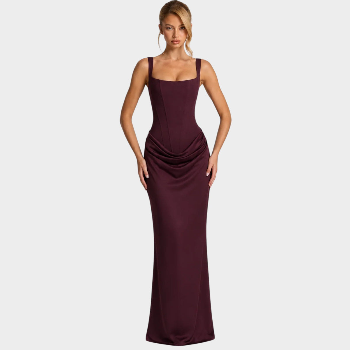 Women’s Corset Maxi Dress with Square Neckline, Draped Skirt and Lace-Up Back