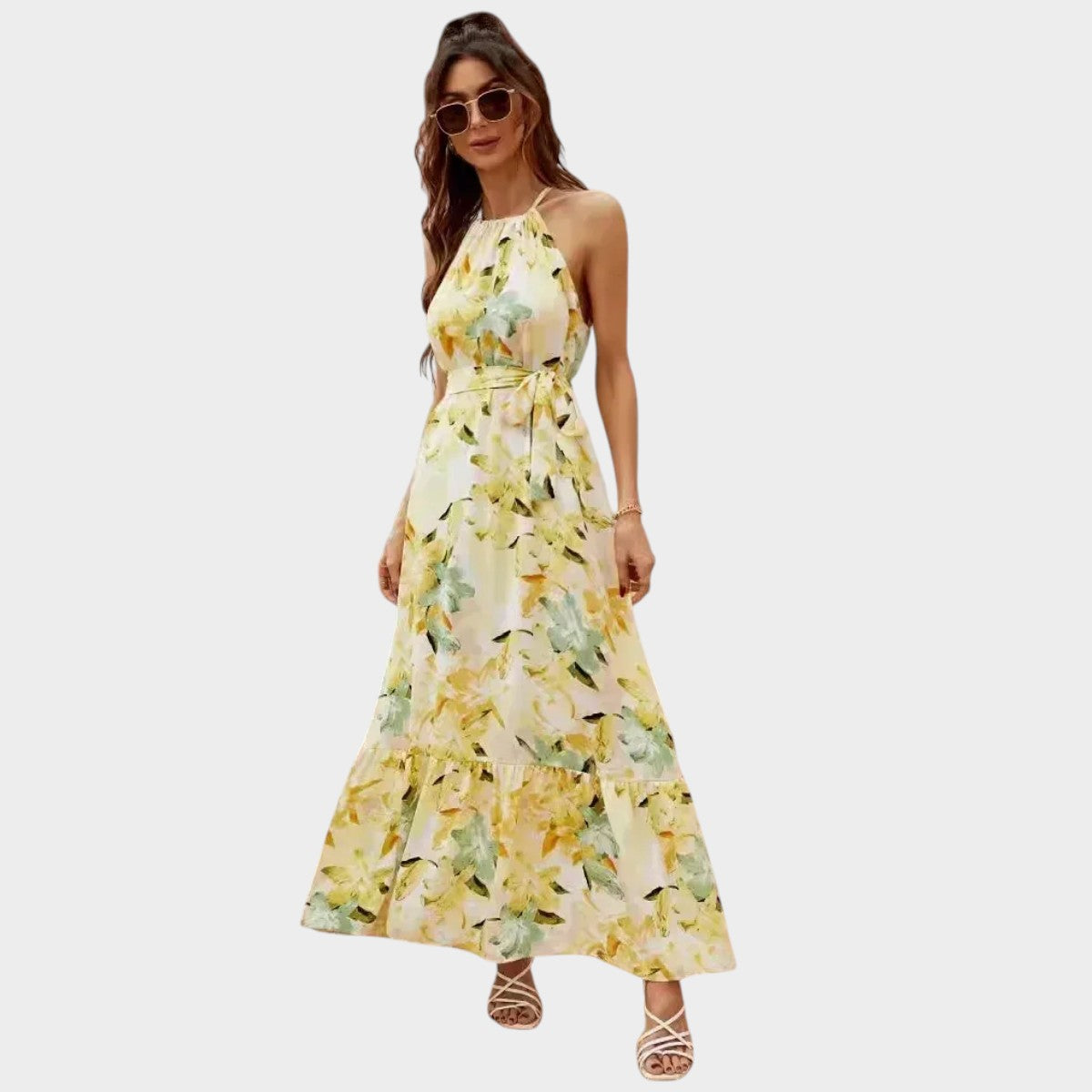 Women’s Floral Halter Neck Maxi Dress with Waist Tie and Tiered Skirt