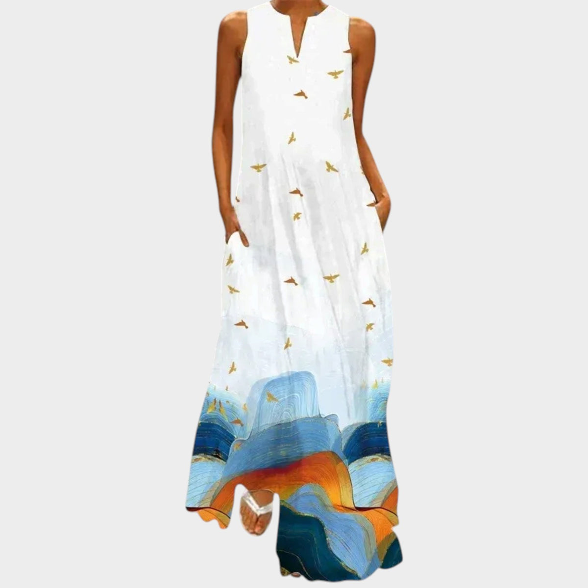 Women’s Sleeveless Maxi Dress with V-Neck, A-Line Fit and Printed Design