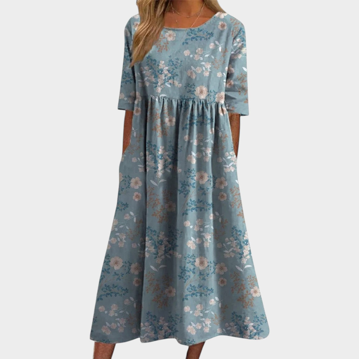 Women’s Floral Midi Dress with Round Neck and Three-Quarter Sleeves