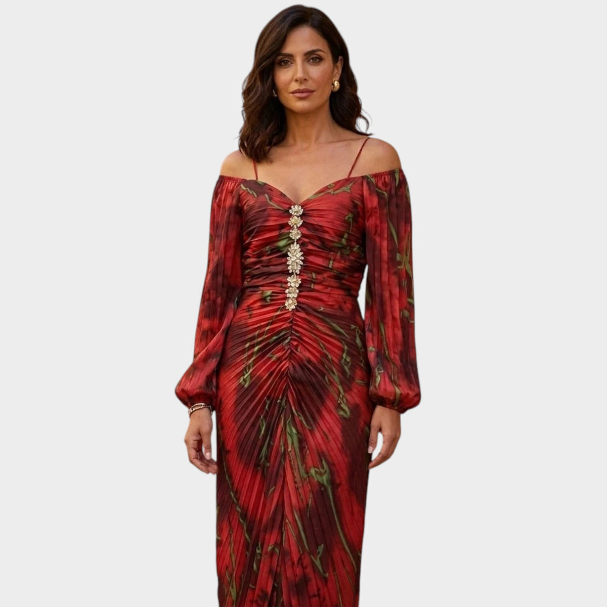 Women’s Floral Maxi Dress Ruched Bodice Off-Shoulder Neckline