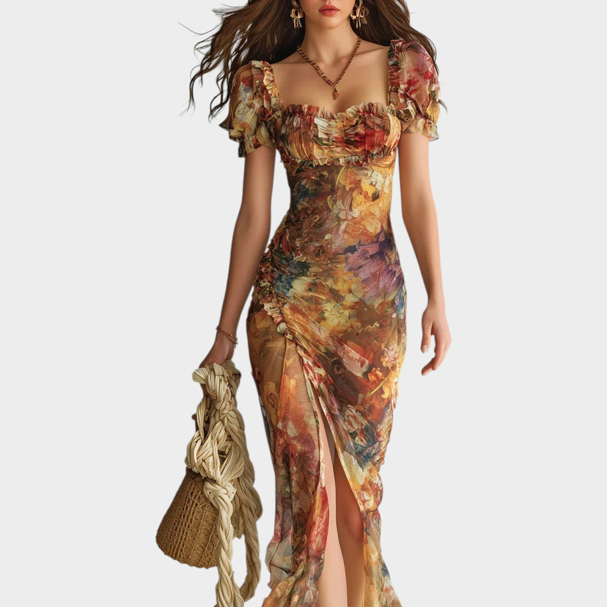 Women’s Floral Chiffon Maxi Dress with Puff Sleeves, Ruched Bodice and Side Slit