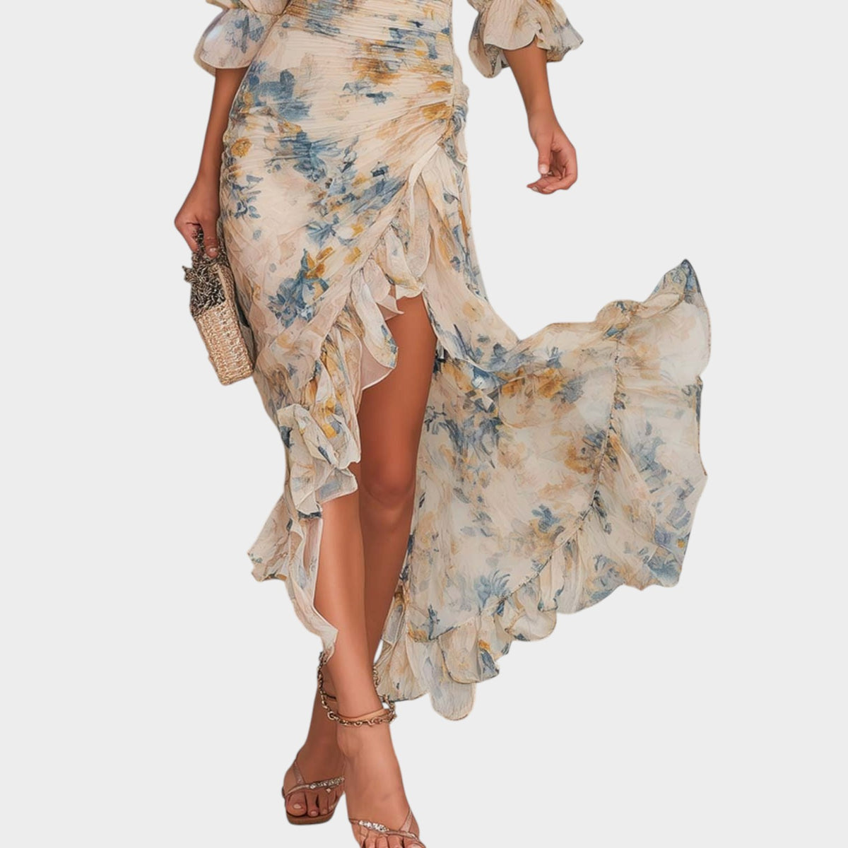 Women’s Floral Maxi Dress with High Neck, Ruched Waist and Ruffle Hem