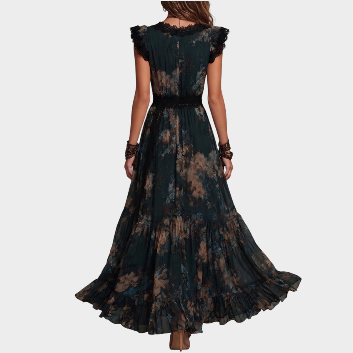 Women’s Floral Maxi Dress with Lace Trim, V-Neck and Tiered Skirt