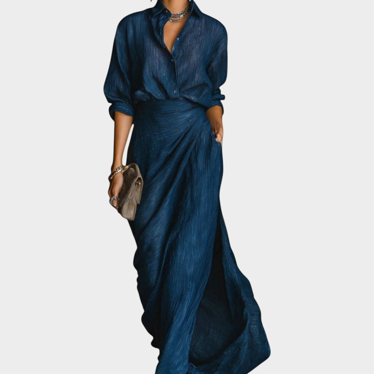Women’s Maxi Dress with Shirt Collar and Wrap Waist