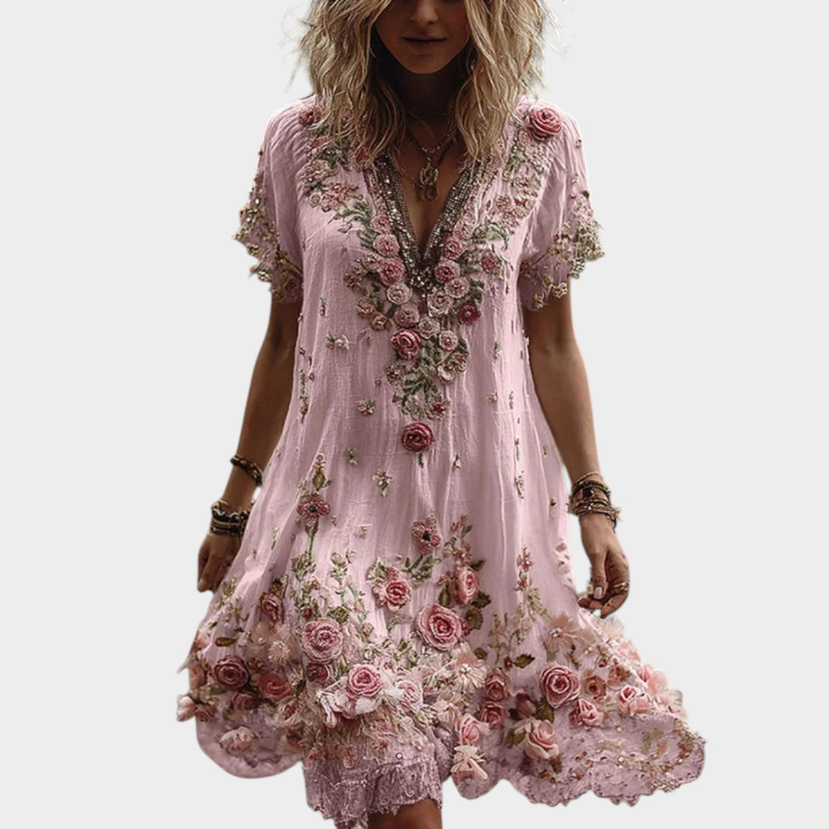Women’s Floral Embroidered V-Neck Midi Dress with Short Sleeves