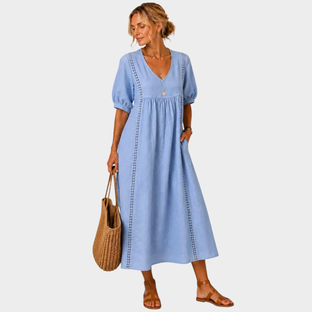 Women’s V-Neck Maxi Dress with Puff Sleeves and Lace Trim