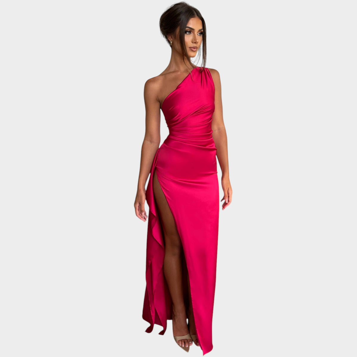 Women’s One-Shoulder Maxi Dress with Draped Detail and High Side Slit